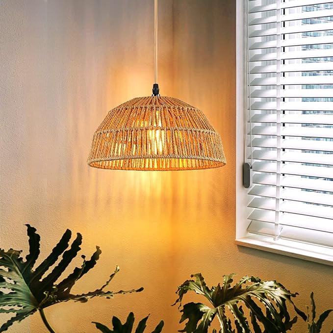 Plug in Pendant Light, Hanging Lights with 15ft Golden Cotton Cord & Stepless Dimming Switch, Handwoven Hemp Rope Lampshade, Boho Hanging Lamp for Kitchen, Hallway (Bulb & 2 Swag Hooks Included)