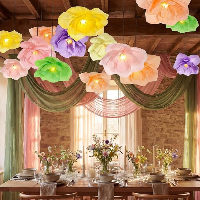 12 Pcs Tea Party Decorations 15.7 Inch Lanterns Paper Flower with LED Lights for Spring Fancy Party Decorations Large Peony Pendant Lamps for Tea Garden Wedding Bridal Baby Shower