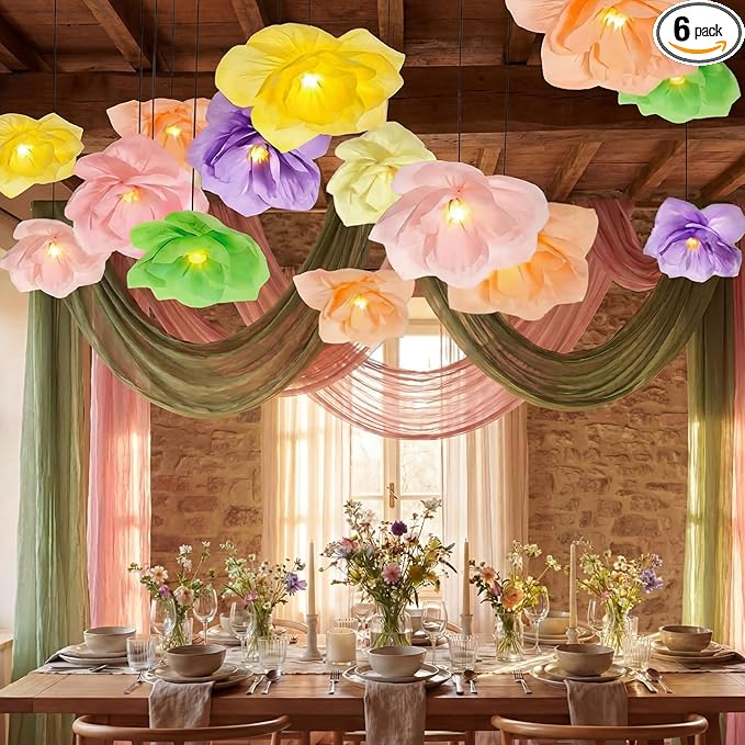 VIHOSE 6 Pcs Tea Party Decorations 15.7 Inch Flower Paper Lanterns with LED Lights for Spring Fancy Party Decorations Large Peony Paper Flower Pendant Lamps for Tea Garden Wedding Bridal Baby Shower