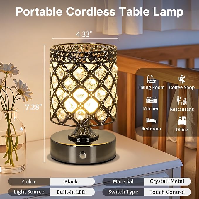 Black Small Crystal Rechargeable Cordless Table Lamps Set of 2 | 6000mAh Battery, 3 Color Temps, Stepless Dimming, Touch Control, Portable Wireless Night Light for Bar Bedroom Living Room