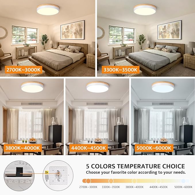 Yiisem Dimmable Wood LED Flush Mount Ceiling Light, White, 15.8 in | 5CCT 2700K-6000K Modern Close to Ceiling Lighting Fixtures, Round Ceiling Lamp for Living Room, Bedroom, Laundry Room