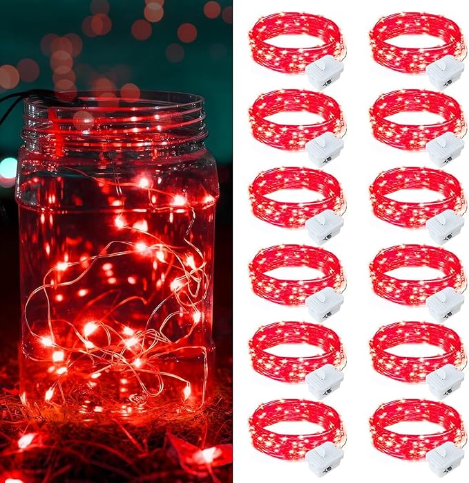 12 Pack Red Fairy Lights Battery Operated, 7ft 20 LED Mini String Twinkle Lights for Valentine's Day Easter Christmas Halloween Mason Jars Centerpiece Table Decorations (12, Red)