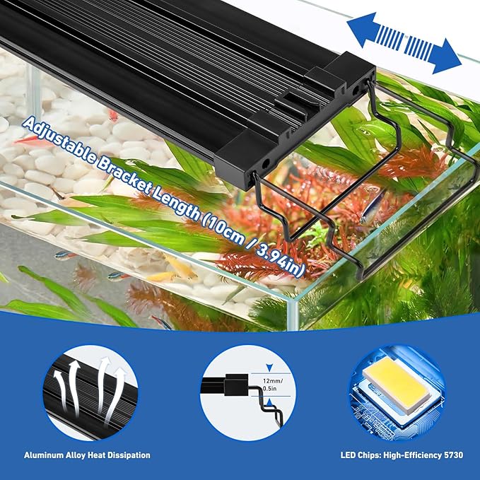 LED Aquarium Light for 18–24 Inch Fish Tanks – Timer with Auto On/Off, 10-Level Brightness, White/Blue/Red+White Modes, Extendable Brackets & Hanging Design (Rope Not Included) (18-24inch)