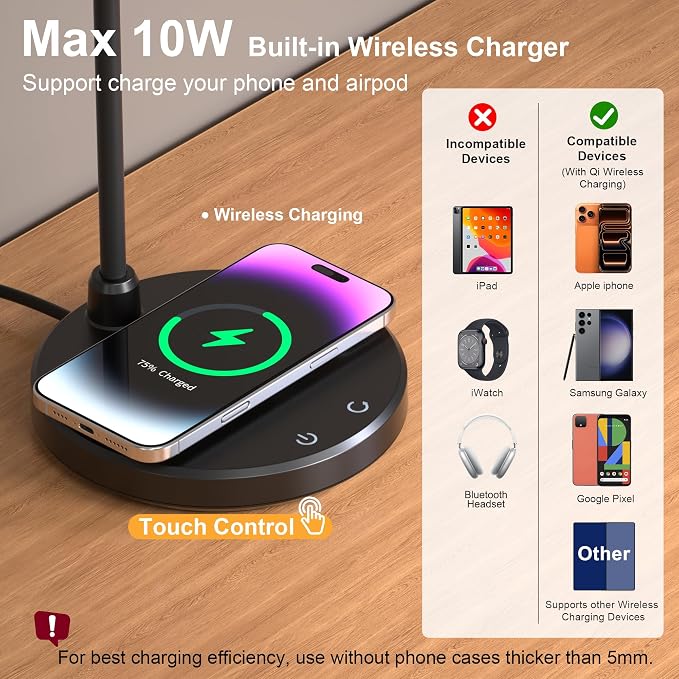 10W Wireless Charger Desk Lamps, Home Office, 800LM CRI95+,Black | Eye-Caring Led Desk Lamp with 3 Color Change, Dimmable, Adjustable Arm Table Lamp for Bedside, College Dorm, with Adapter