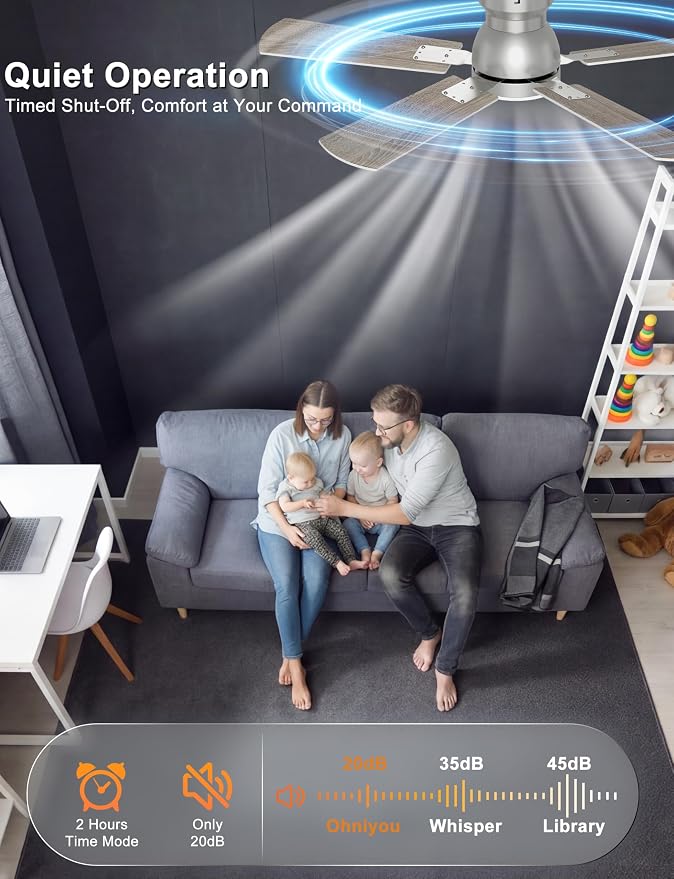 Ohniyou 42'' Silver Low Profile Ceiling Fan with Lights, Remote/APP Control | Flush Mount, Dimmable 3CCT LED, Quiet DC Motor; Memory Function, 4775 CFM, Small Ceiling Fan for Indoor Bedroom Kitchen