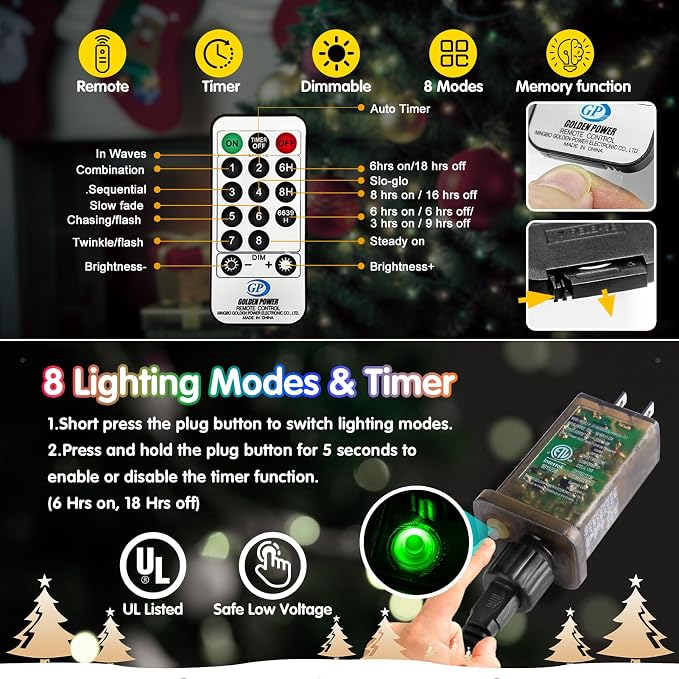 KNONEW 203FT 600LED Green Wire Outdoor Fairy Lights Plug in Cool White Xmas | Timer,Memory,Dimmable,Remote,Waterproof,Green Wire,Invisible in Greenery,for Garden,Wedding,Party, Indoor/Outdoor, Christmas