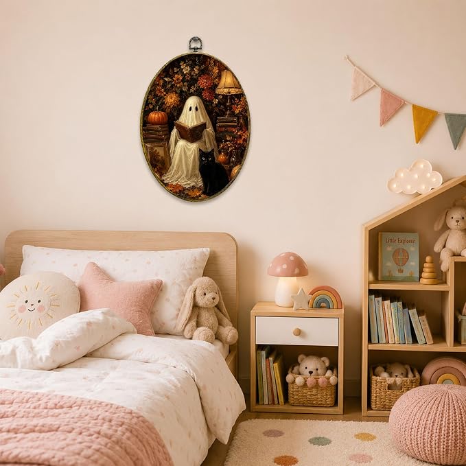 Reading Ghost Black Cat Oval Wall Art, Framed Canvas Decor, 8.5x11.5 Inch | Reading ghost with black cat, pumpkins, autumn flowers and cozy lamp decor