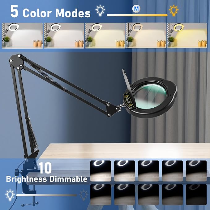Large 10X Magnifying Glass with Light and Stand, LED Desk Lamp with Clamp, 5 Color Mode, 10 Dimmable Levels, Hands Free for Reading Crafts Jewelry Sewing Close Work