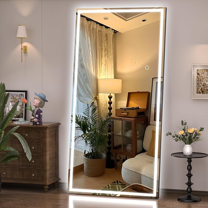 Hasipu Full Length Mirror with Lights, 70.9" x 31.5" LED Lighted Floor Standing, Full Body Dressing Hanging Mounted Mirror, Tempered Glass