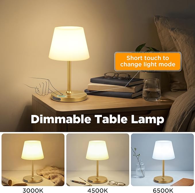 LUTEC Shower Lamp Waterproof, 6000mAh Rechargeable Cordless Table Lamp with 3 Color Temps and Stepless Dimming, Touch Control & Portable LED Nightlight for Bathroom, Desk, Outdoor(Gold)