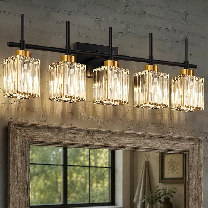 Torondo Modern Crystal Bathroom Vanity Light 5-Lights Gold Bathroom Light Fixtures Over Mirror Black and Gold Vanity Lighting Fixtures Gold Square Shade Brass Wall Sconce (Bulbs Not Include)