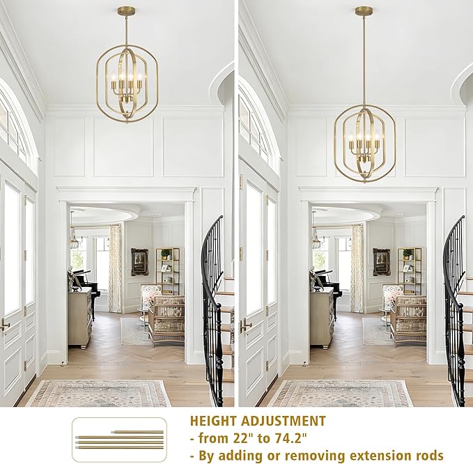 LASENCHOO 4 Lights Gold Chandelier for Dining Room Light Fixture, Modern Farmhouse Chandeliers for Entryway Foyer Lighting Fixtures, Metal Geometric Lantern Pendant Light Kitchen Island with E12 Base