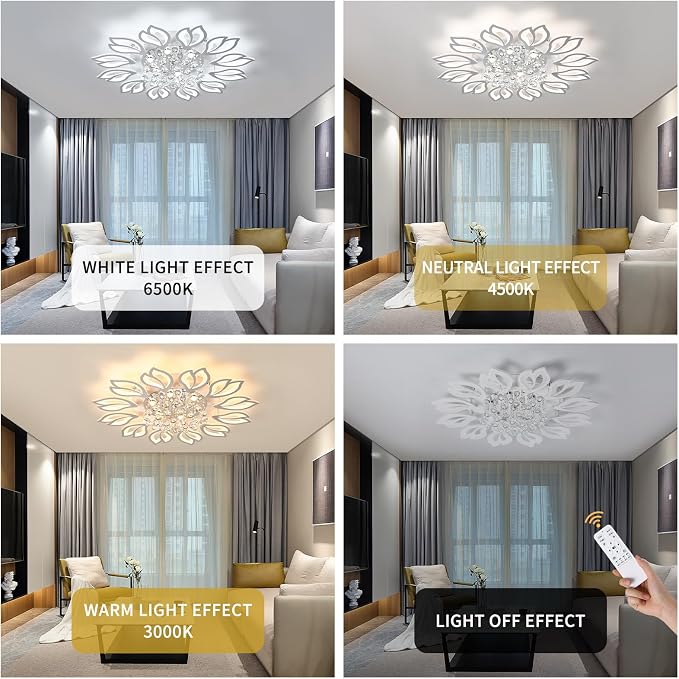 Garwarm 40.7 Inch Modern Crystal Flower LED Ceiling Light with Remote,White | Low-Profile Dimmable Flush Mount Chandelier with Memory for Large Living Room, Bedroom, Dining Room, Kitchen and Office