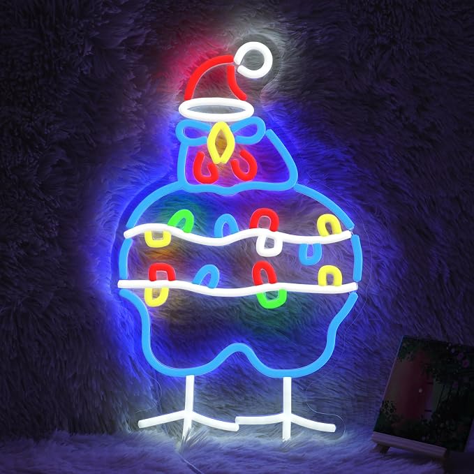 GNVETZLL Chicken Christmas Neon Sign Santa Hat Neon Light Sign Merry Christmas Rooster Neon Light for New Year Party Living Room Club Decoration(16.54 * 10.43In)