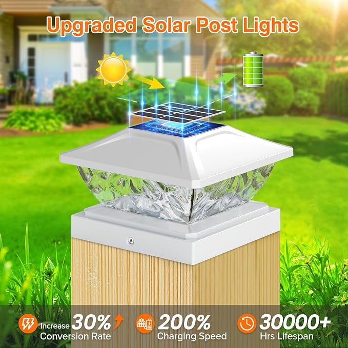 Solar Post Cap Lights Outdoor, 2 Modes Bright Solar Post Lights Outdoor Waterproof Fence Post Cap Lights, Outdoor Post Lights Solar Powered Deck Light for 4x4 4.5x4.5 5x5 Posts, 2 Pack