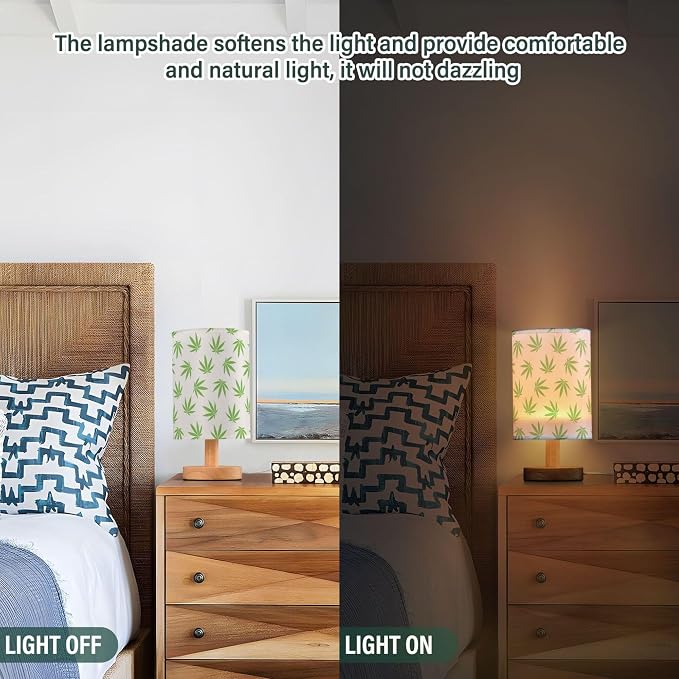 Table Lamp Green Marijuana Leaf Cannabis Weed Leaves on White Nightstand Lamp with Wood Base Fabric Lamp Shade Bedside Desk Lamp for Living Room Bedroom Kids Room Office