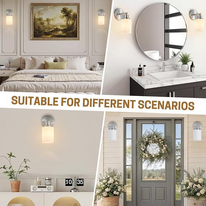 2-Pack 1-Light Vanity Lights, Brushed Nickel Bathroom Light Fixture with Textured Milky White Glass Shade, E26 Modern Vanity Lighting Fixture for Bathroom Wall Sconce