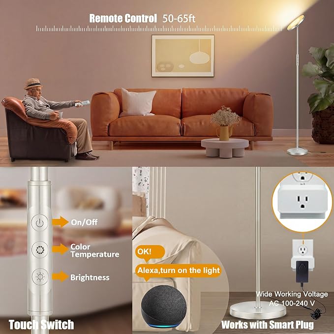 mukuxin Floor Lamp, Upgraded 40W 4000LM Super Bright Torchiere LED Floor Lamps for Living Room, Stepless Dimmable Color Temperature 2700K-6500K with Remote & Touch Control, Standing Light (Silver)