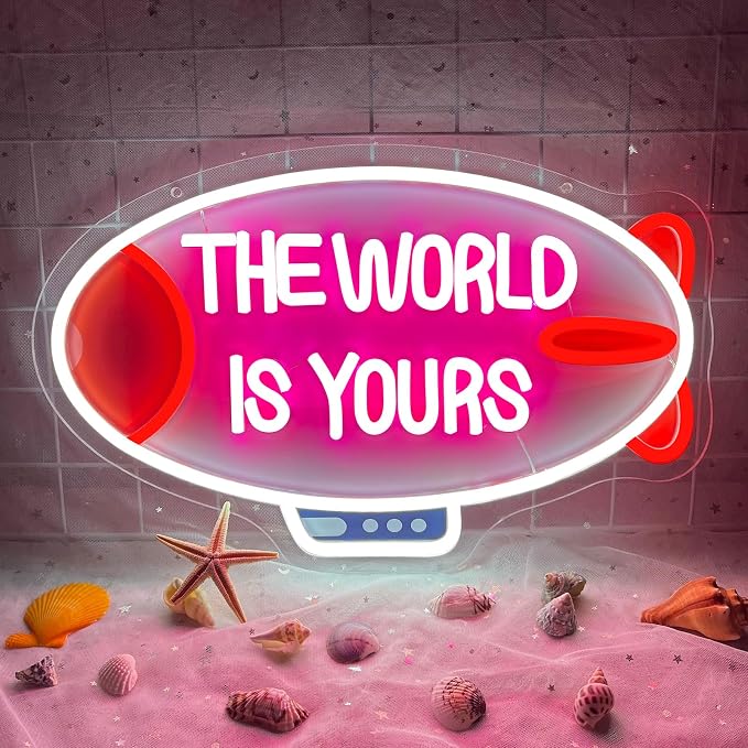 The World Is Yours Neon Sign Dimmable Blimp Neon Light for Wall Decor | USB Powered Airship Led Light Up Sign for Bedroom Game Room Man Cave Boy Teen Room Bar Birthday Party Wedding Valentines Day