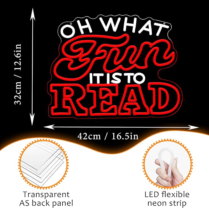 LISIGNVE Oh What Fun It Is To Read Neon Sign for Wall Decor USB Power Read Books Neon Light Dimmable Reading LED Light Up Sign for Classroom Book Lover Bedroom Bookshelf (12.6 * 16.5 Inch)