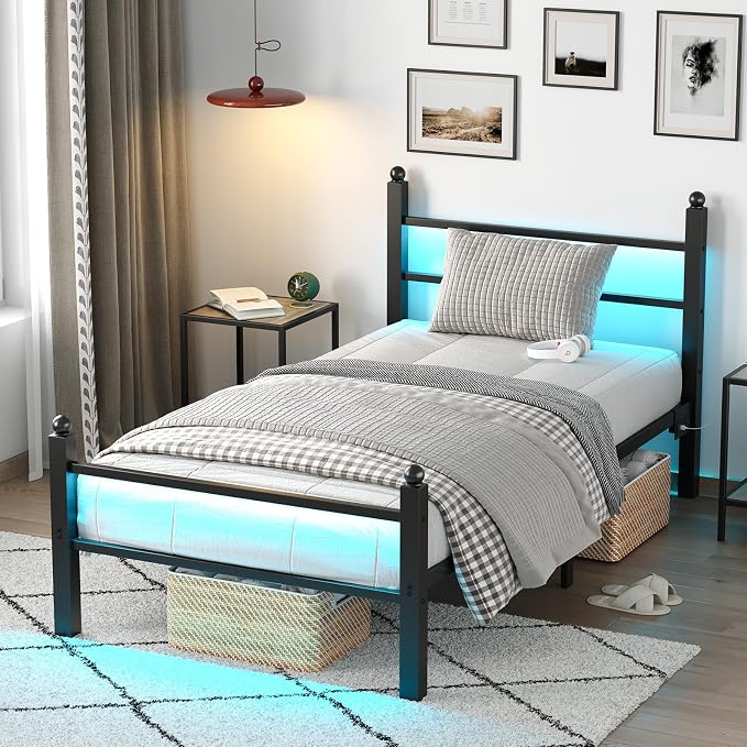 CollaredEagle Twin Bed Frame with LED Lights and Charging Station, Black | Twin Size/ Metal Frame/ Built-in Charging Station/ RGB LED Lights/ Noise-Free/ 10.8 inch Under-Bed Storage