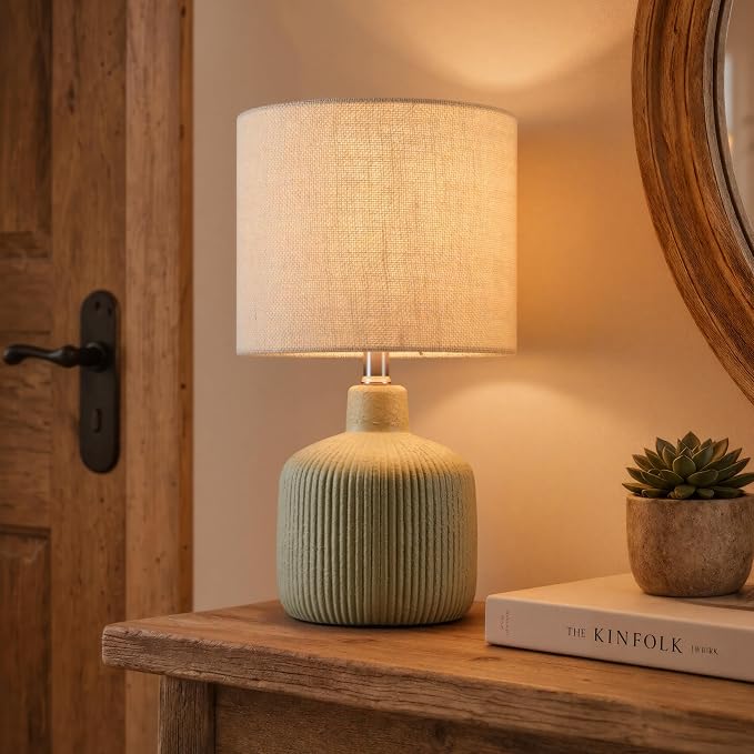 Ceramic Table Lamp, Oliver Green, 17.75" | Beige Linen Shade, Warm Ambient Lighting, Bedside Nightstand, Natural