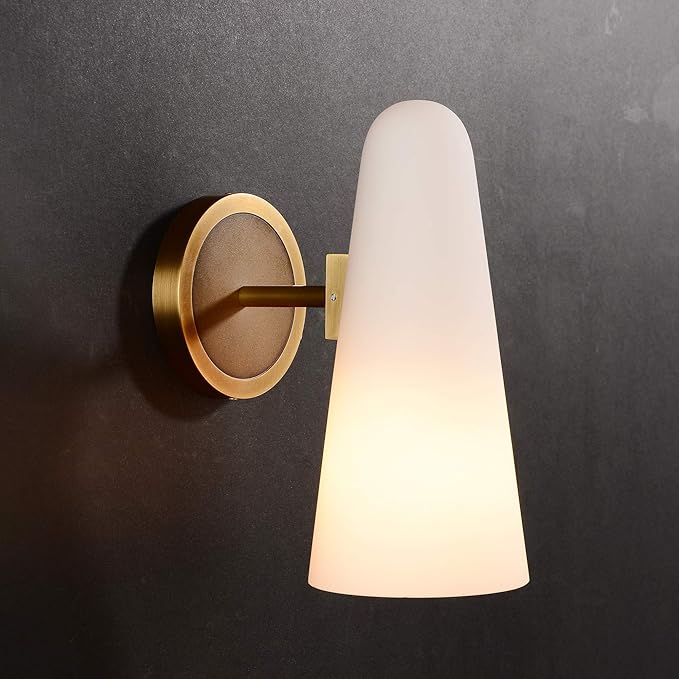 Bianco Brass Wall Sconce, Indoor Wall Lighting Bedroom Bedside Wall Lamp with Milky White Glass Shade Vanity Lighting Fixture