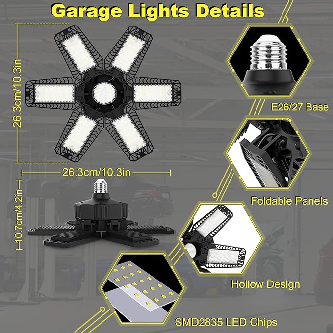 ISKYDRAW LED Garage Lights 185W, 1 Pack 18500LM Bright Shop Light with 6+1 Deformable Panels, 6500K Daylight Garage Ceiling Light Screw in E26/E27 Bulb Bay Lighting for Workshop Basement Barn Attic