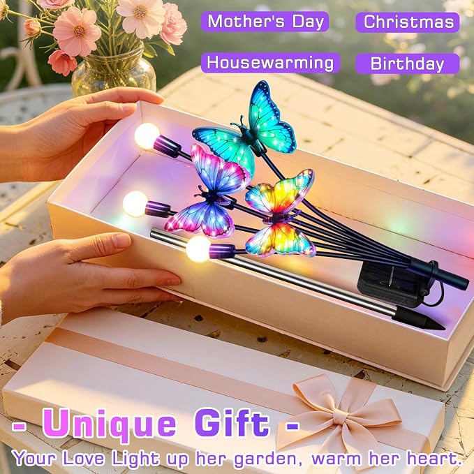Solar Garden Lights Outdoor, Butterfly Firefly Lights 4 Pack, Waterproof | 3 Dynamic Fluttering Butterfly & 3 Firefly, Solar Garden Decor For Yard, Patio, Lawn, Gifts For Mom Women