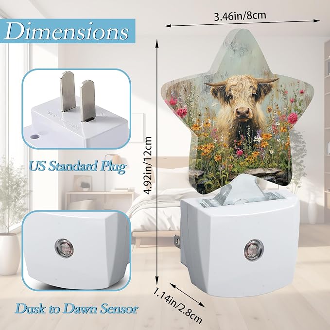 Highland Cows Night Light,Flower Plug-in Night Light Auto Dusk-to-Dawn Sensor Energy Efficient Led Lamp for Room Decor,Hallway,Kitchen,Bathroom,Plug-in,Decor Desk Lamp Gifts