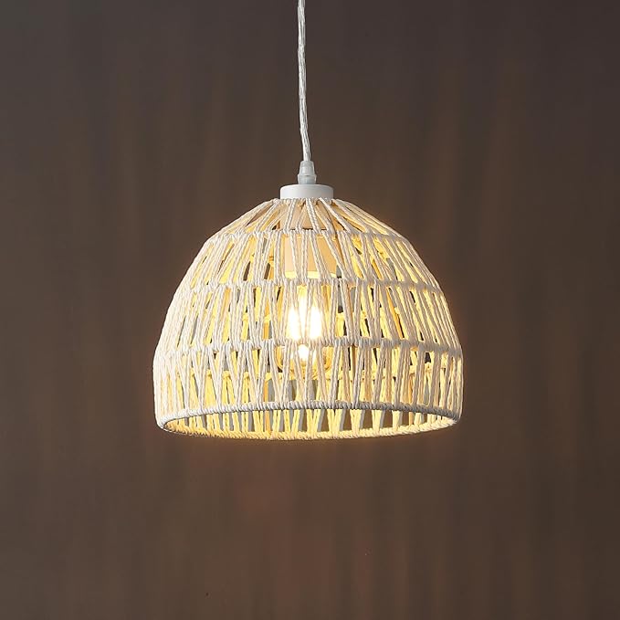JONATHAN Y Campana 1-Light Pendant Dome Ceiling Lamp, 10.25", Cream | Modern Coastal Farmhouse Decor, Adjustable Height, Woven Rope Metal Frame, LED Bulb Included, UL Listed