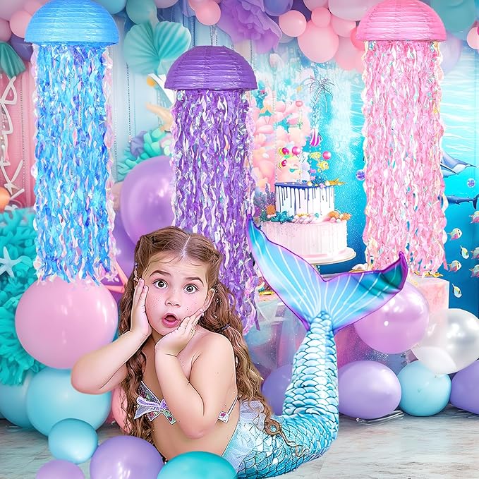 10" Mermaid Jellyfish Lanterns – Pink Purple Blue Decorations for Ocean Princess Birthday Party, Under the Sea Theme, Baby Shower, Ocean & Beach Room Hanging Decor (Set of 6)