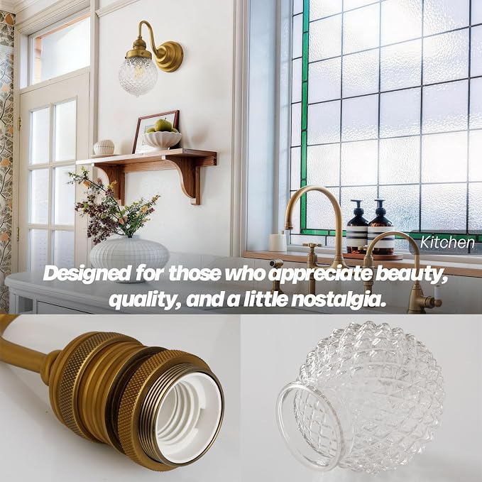 Brass Gold Wall Sconce Clear Glass Bathroom Vanity Light | Vintage,Hardwired Indoor,Aged Brass Finish,Hand-Blown Thick Glass,for Bathroom Mirror Kitchen Hallway,UL-Listed E26 Socket