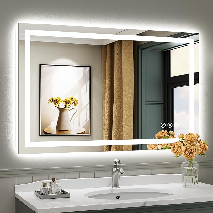 48x30 Inch LED Bathroom Mirror with Lights, Backlit & Front Lit | Anti-fog, 3 Color Dimmable, Memory Function, HD Reflection Tempered Glass, ETL Listed, IP54 Waterproof