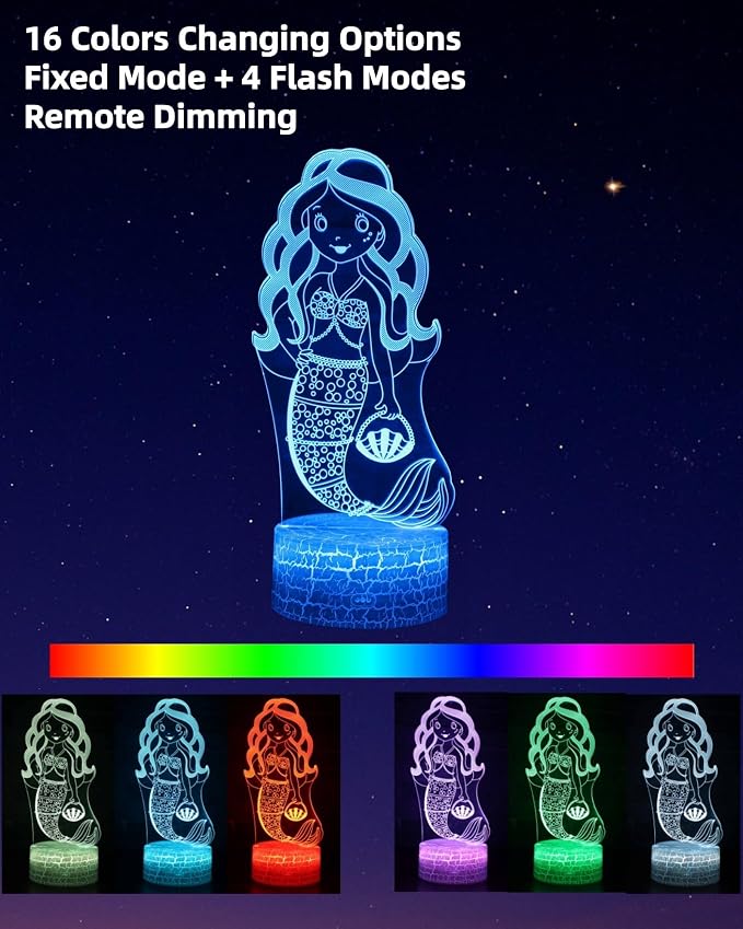 Mermaid 3D Illusion Night Light, 2 Patterns, Girl Gift LED Lamp | 16 Colors Changing, Dimmable, Touch & Remote Control, Room Bedroom Bedside Decor, Birthday Christmas Toy Idea for Kid Teen