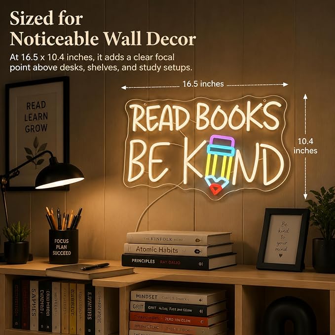 "Read Books Be Kind" Classroom LED Neon Sign | 16.5" x 10.4", Pencil Wall Decor, Inspirational Quote Light, Library Classroom Study Room Home Office