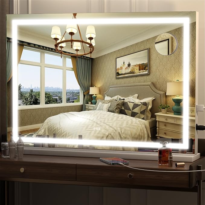 Hasipu Vanity Mirror with Lights, 32" x 22.4" LED Makeup Mirror, Lighted Makeup Mirror with Dimmable 3 Modes