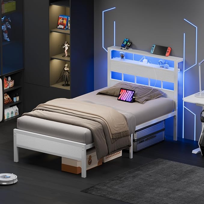 Twin Bed Frames with Storage Headboard, Charger & RGB LED, White | 2-Tier Shelves, Sturdy Metal Slats, Noise-Free, No Box Spring. USB & Type-C Ports, 700lbs Capacity. 12.6" Under-Bed Storage.