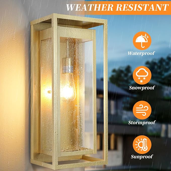 19" Large Outdoor Wall Light Fixtures, Gold Porch Light, 2 Pack | Large Size, Anti-Rust, Waterproof, Tempered Glass, Easy Installation, Modern Exterior Sconces for House Garage