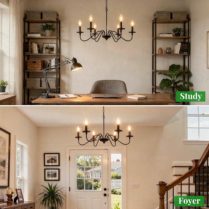 Rustic Farmhouse Candle Chandelier for Dining Room, 6-Light Rustic Black Iron Light Fixture with Classic S-Arm Design for Kitchen Island, Living Room, Foyer-Matte Black