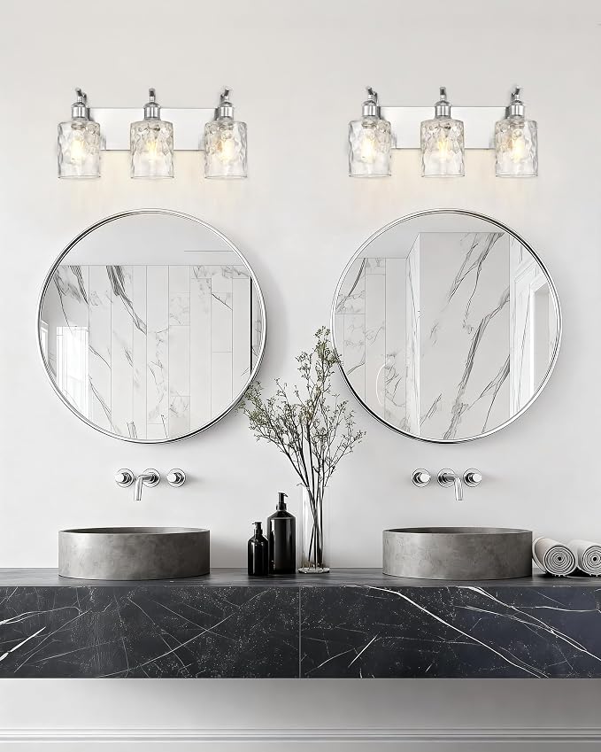 3-Light 20 Inch Bathroom Vanity Light,Hammered Glass,Nickel | Over Mirror Wall Light,E26 sockets,for bathroom mirror,powder room,dressing area