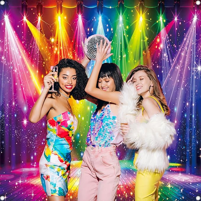 Disco Rainbow Stage Backdrop 70s 80s 90s Hippie Music Vintage Lights Photography Background Rock Music Colorful Neon Glow Party Decorations Photo Banner (6x6FT(72 x 72 inch))