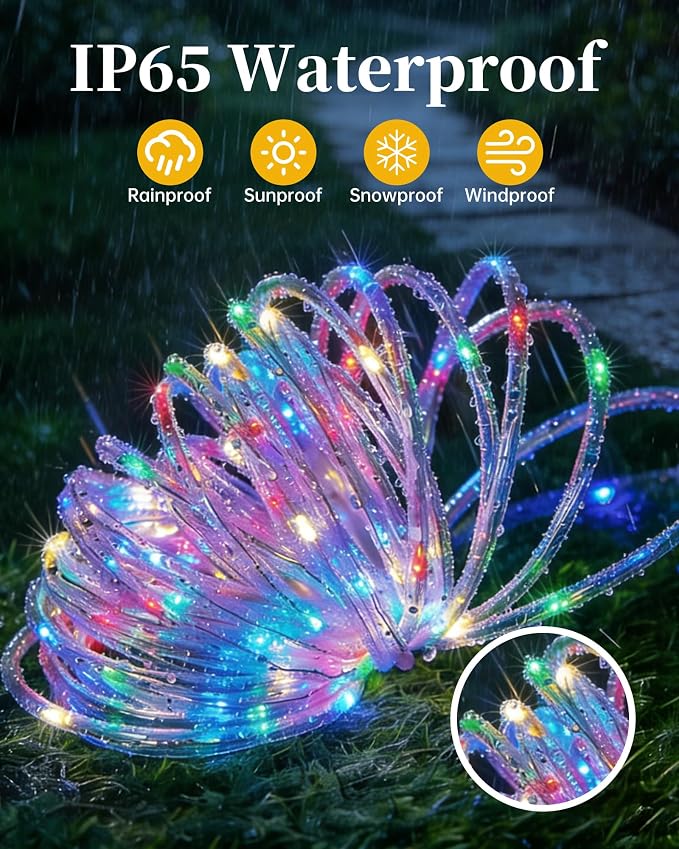 Solar Rope Lights Outdoor, 2 Packs Total 144FT 400LED Solar String Lights with 8 Lighting Modes, Waterproof Solar Powered Fairy Lights for Party Garden Yard Home Holiday Tree Decoration, Multicolor