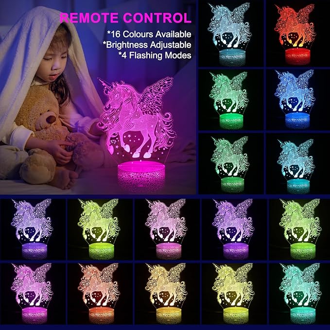 Unicorn Night Light for Kids, Unicorn Gifts for Boys Girls or Room Decor, Beauty 3D Illusion Lamp with 16 Colors Change Remote Control, Decorative Desk Lamp, Christmas Birthday Gift for Children