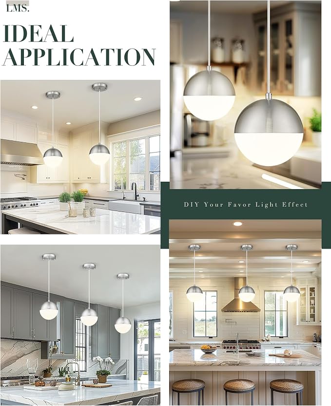 6-inch Brushed Nickel Pendant Light, Mid Century Kitchen Island Pendant Light Fixtures with White Globe Glass, Adjustable Hanging Light for Dining Room Bedroom Bathroom, LMS-186BNS