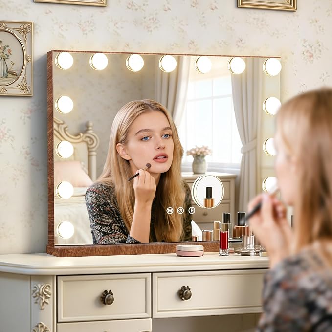 Ratsamee Wood Grain Hollywood Vanity Mirror with Lights, 15 Dimmable Bulbs, 3 Color Lights,Make Up Lighted Mirror, Aluminum Metal Frame, USB Charging Port（23" x 18"）