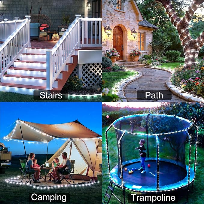 KNONEW Solar Rope Lights Outdoor 300LED 50FT Solar String Lights Outside Waterproof with Modes Clear Thin Tube for Pool Tree Patio Garden Fence Camping Yard Deck Trampoline（Cool White）