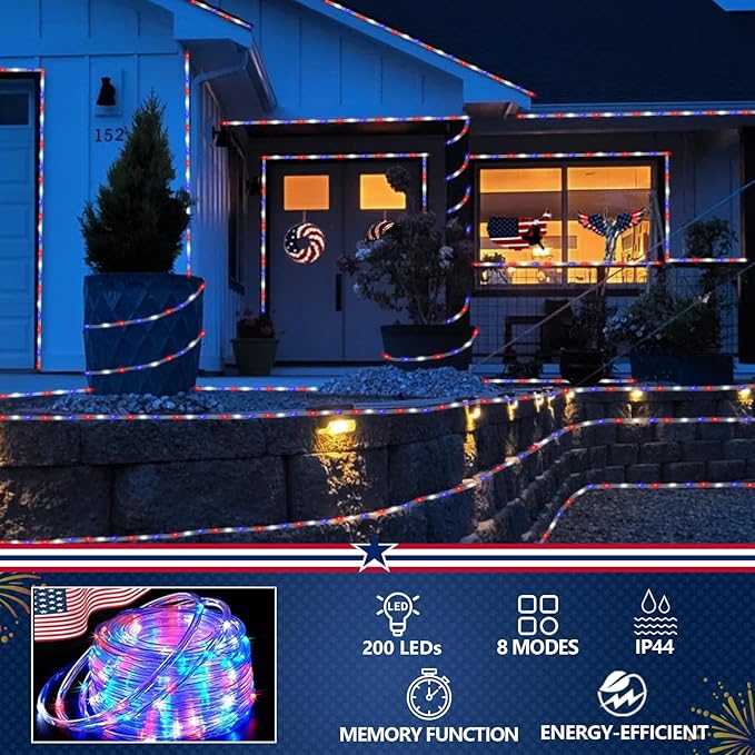 YEGUO Solar Rope Light Outdoor Waterproof, 66ft 200 LED Red White and Blue String Lights, 8 Modes Tube Christmas Lights in Clear Thin Tube