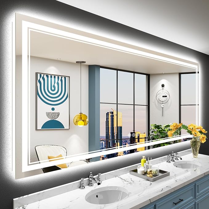 84x40 LED Bathroom Mirror, Backlit & Front Lit Lighted Mirror | Anti-Fog Vanity Mirror with Lights, 3 Color Dimmable, Memory, Shatterproof, Tempered Glass, CRI95, UL Listed, Wall Mounted