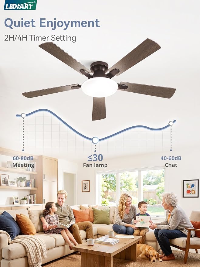 LEDIARY 60 Inch Flush Mount Ceiling Fans with Lights, Remote & APP Control | 3CCT,Stepless Dimmable,Memory Function,Timer,6-speed,Reversible Blade, Quiet DC Motor, Damp-Rated, Living Room, Covered Patio